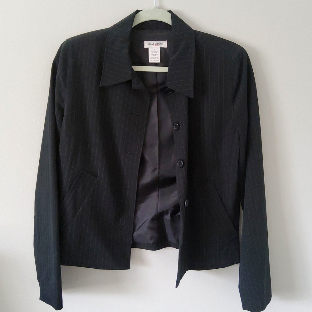 Isaac Mizrahi Black Pin striped jacket Size Medium with gray lining